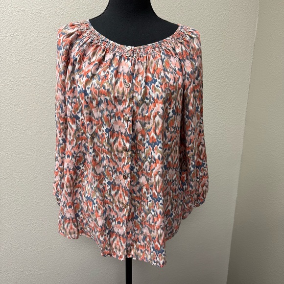 Sundance Silk Boho Blouse Orange Blue Ikat Peasant Top Large Button Front - Picture 2 of 8